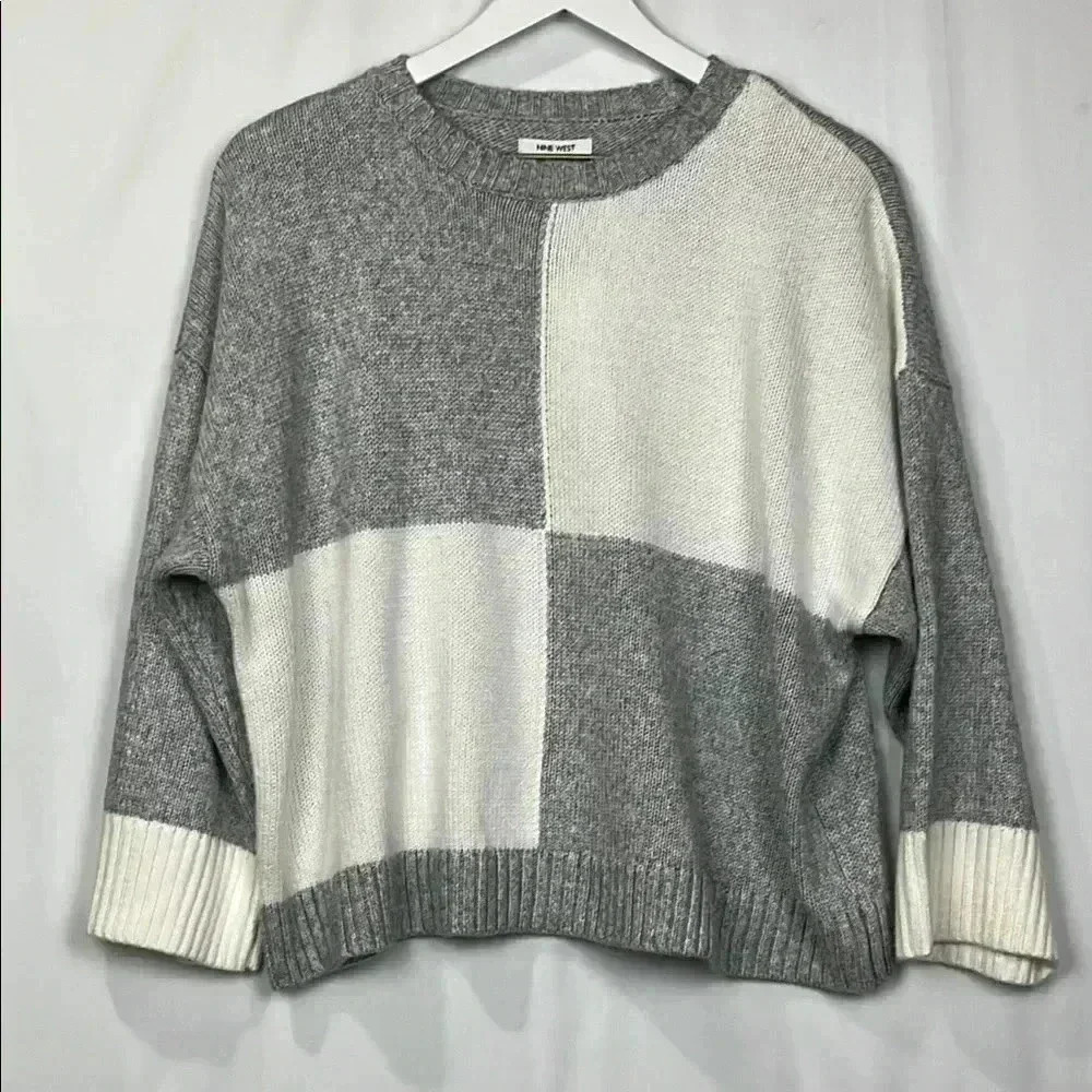 Nine West Womens Sweater PXXL Gray/White Heather Pullover Crew Boxy Wide Cuff